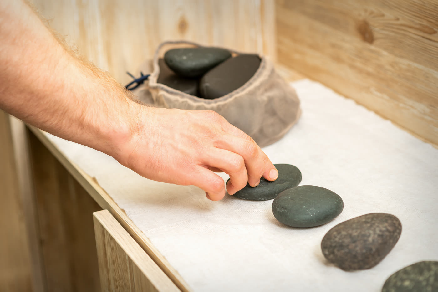 Heated sauna stones detail.