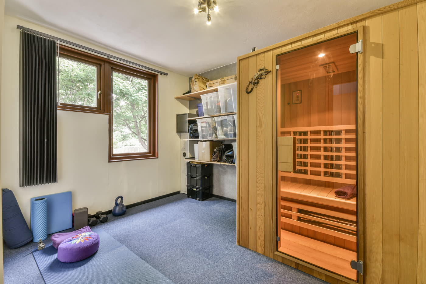 Home wellness room with yoga mat and sauna.